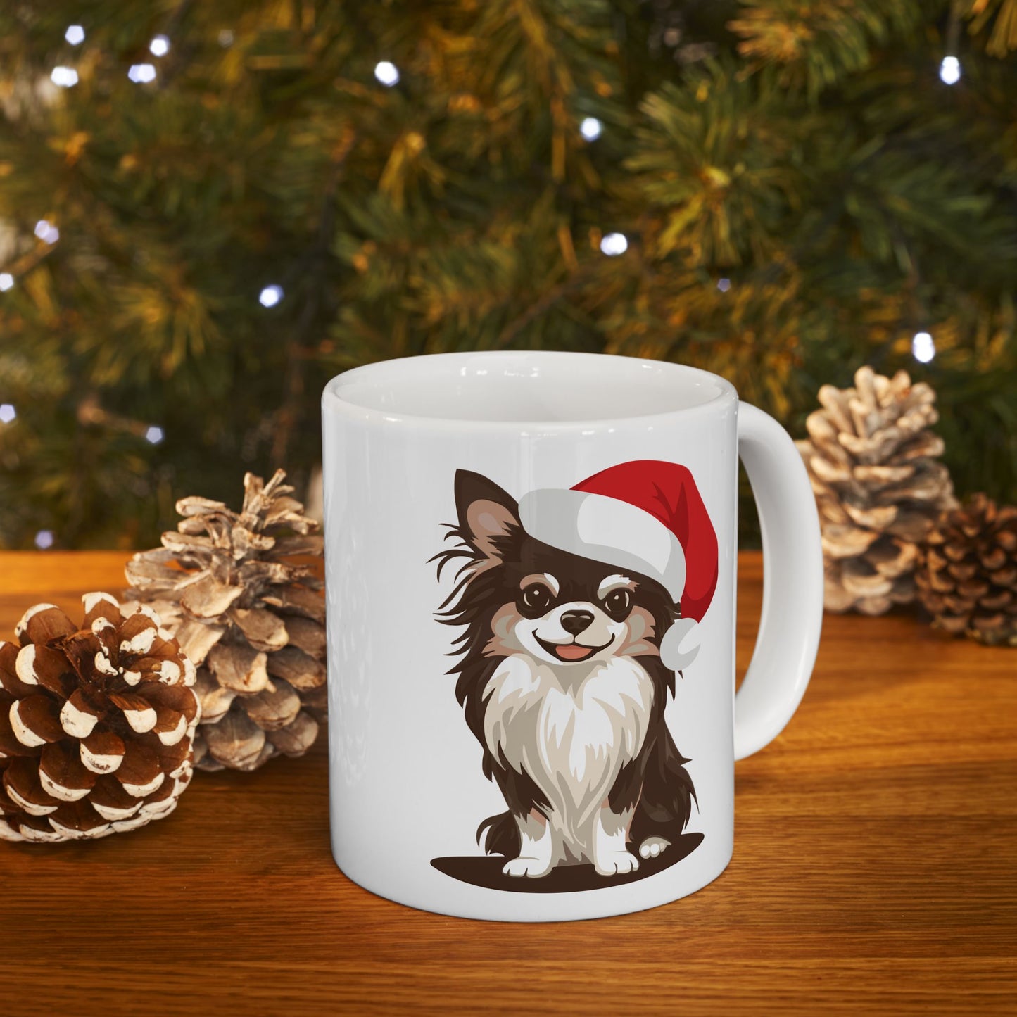 Christmas Long Haired Chihuahua Dog Ceramic Mug, Holiday Xmas Santa Dogs Coffee Mug, Cute Snowy Winter Puppy Tea Hot Chocolate Mug