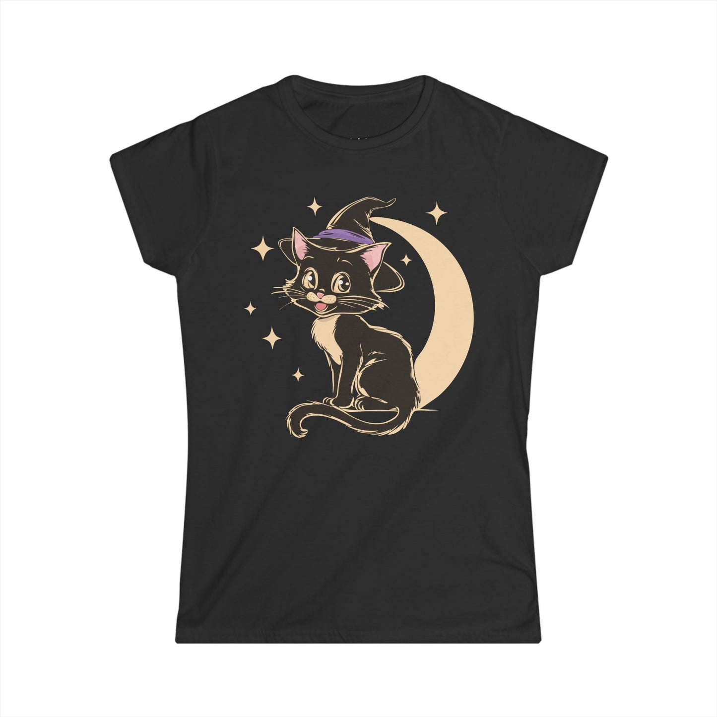 Witchy Kitty Women's Soft T-shirt - Halloween Graphic Tee with Black Cat with Witch Hat & Crescent Moon Print