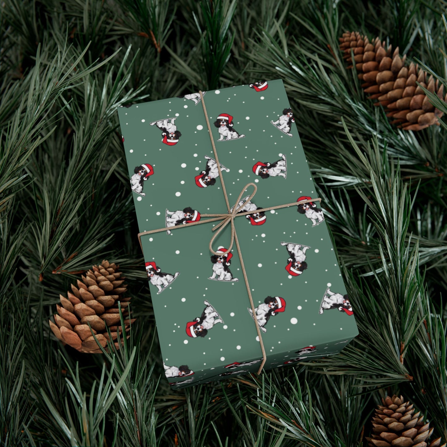 Tricolor Cavalier King Charles Spaniel Dog Christmas Wrapping Paper, Dogs Print, Cheery Holiday Gift Wrap With Snowy Xmas Puppy In Santa Hat