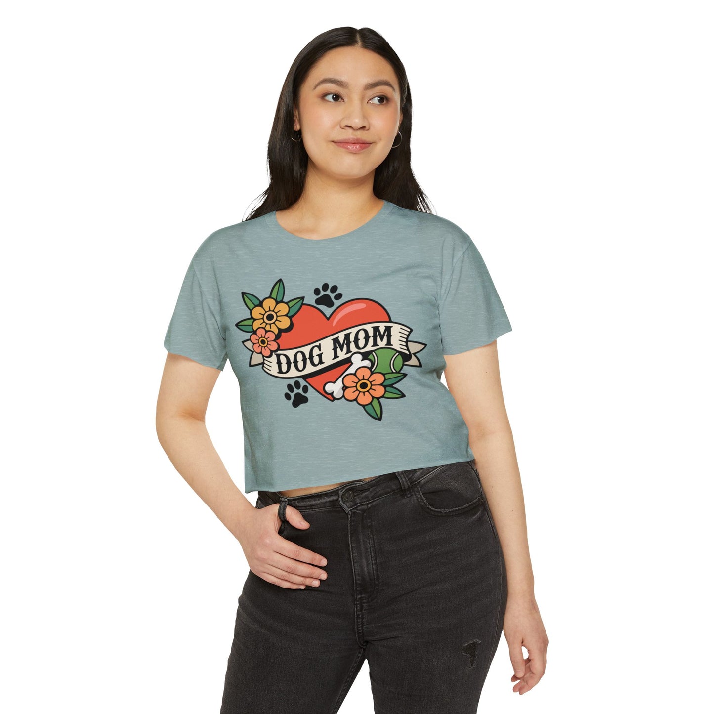Dog Mom Heart Tattoo Crop Top | Retro Artwork Cropped T-shirt Floral Dogs Paw Print Design, Childless Dog Lady Pet Owner Tattoos Tee
