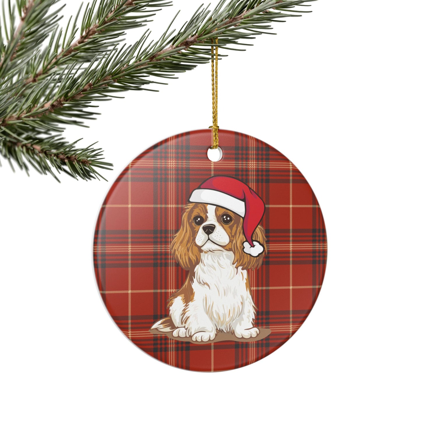 Cavalier King Charles Spaniel Dog Christmas Tree Ornament, Santa Dogs Holiday Decorations, Pet Lover Gift, Red Plaid Ceramic Ornaments