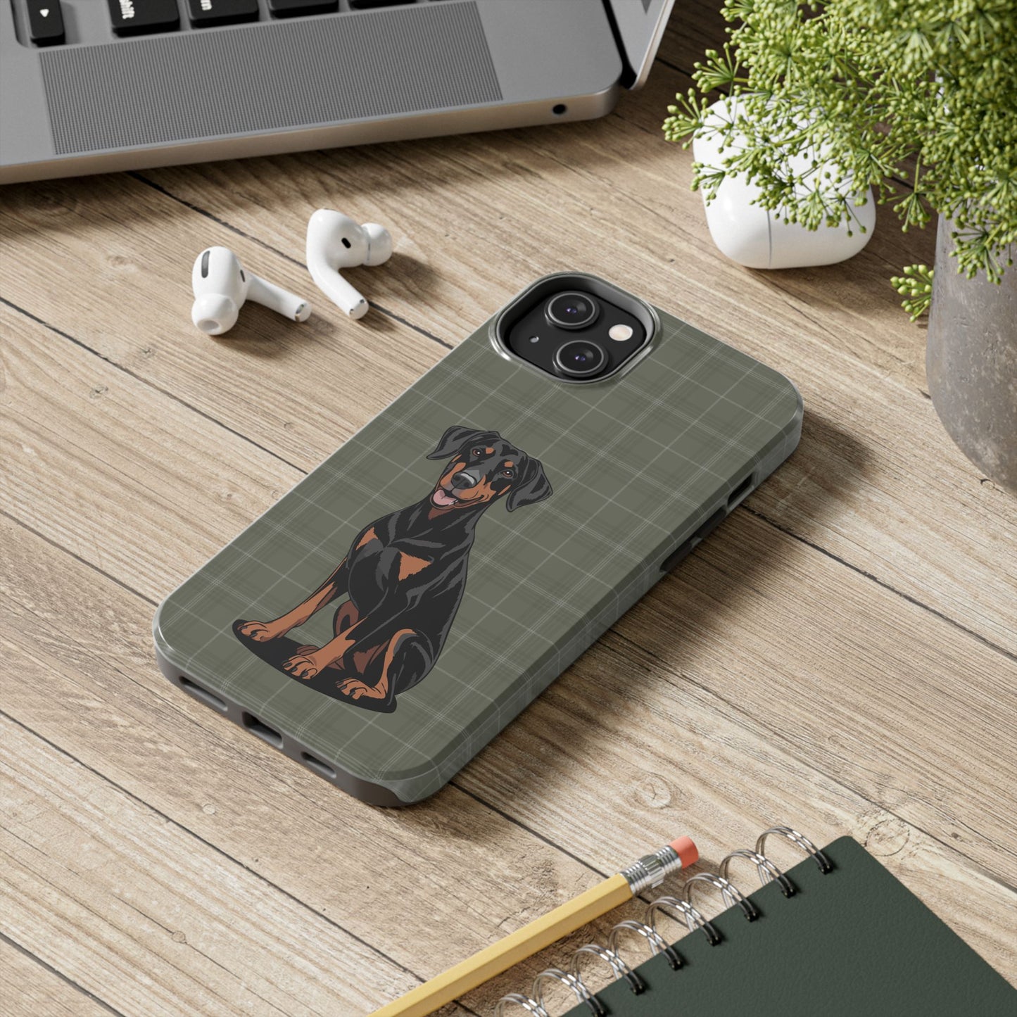 Doberman Pinscher Dog Phone Case, Tough Phone Cases Pet Dogs Green Plaid Pattern