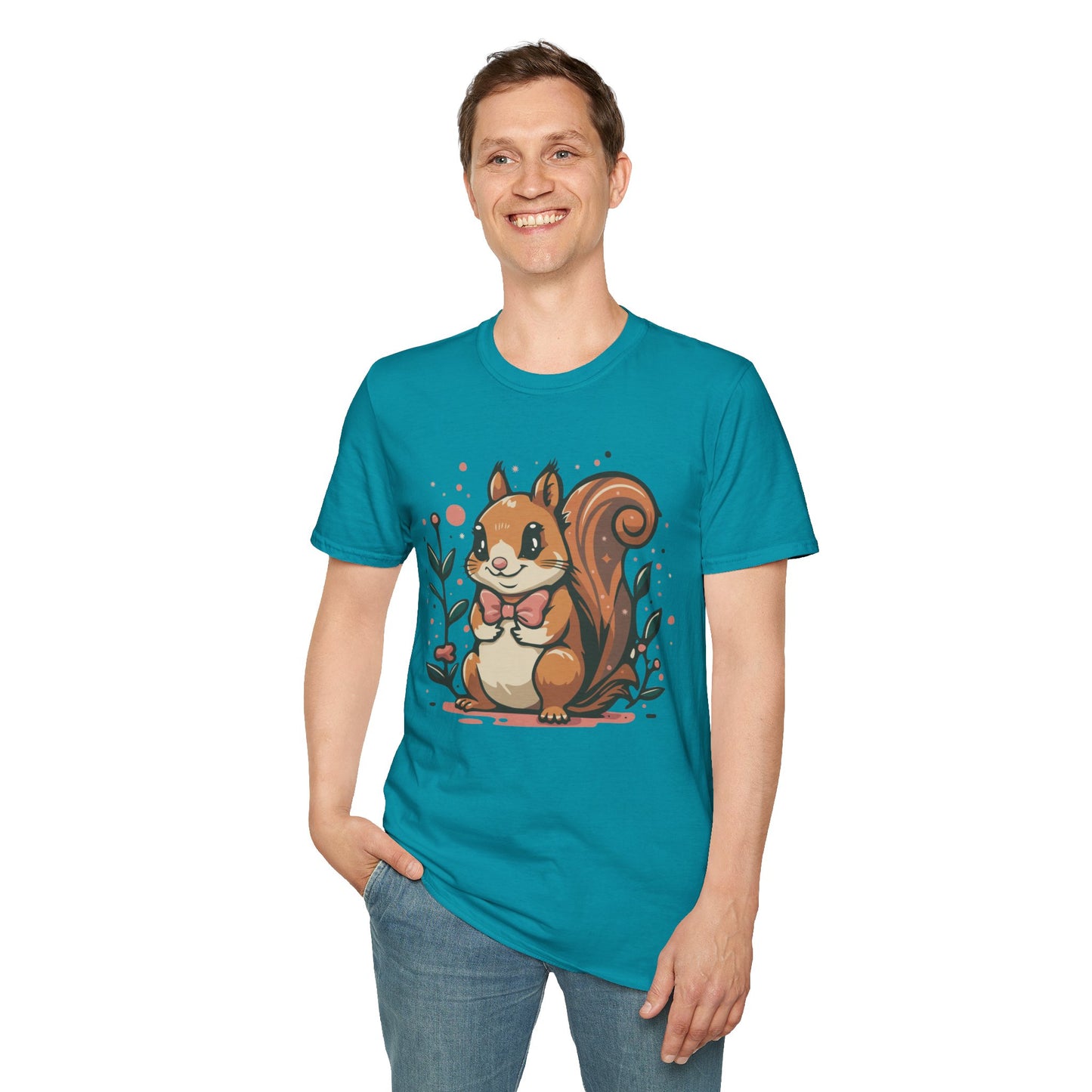 Woodland Squirrel Soft Style T-Shirt - Cute Squirrel with Bowtie and Flowers on Soft Unisex Tee