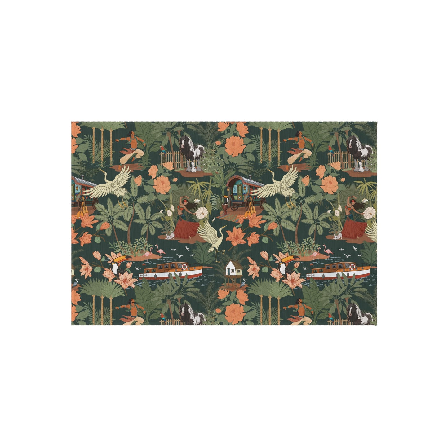 Tropical Nomad Jungle Pattern Outdoor Rug | Botanical Palms & Birds Pattern Patio Deck Rugs