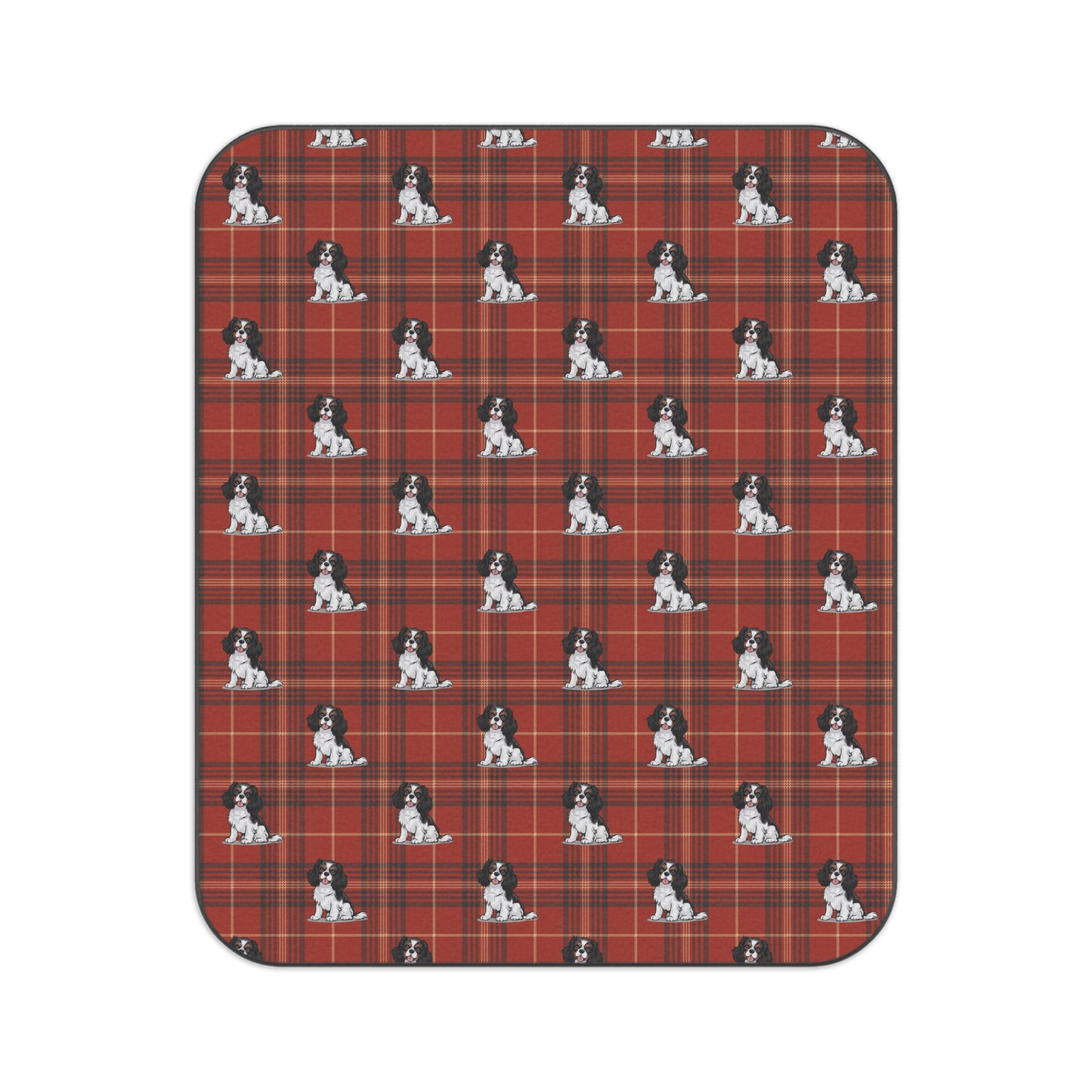 Tricolor Cavalier King Charles Spaniel Dogs Plaid Picnic Blanket | Red Tartan Dog Pattern Blankets