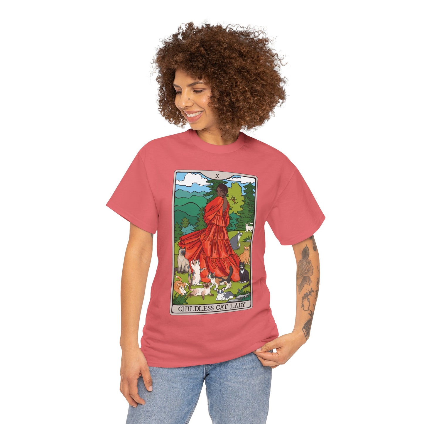 Childless Cat Lady Tarot Card Cotton T-shirt Child-Free Cat Mom Tee with Woman and Cats Design = POC Darker Skin Tone