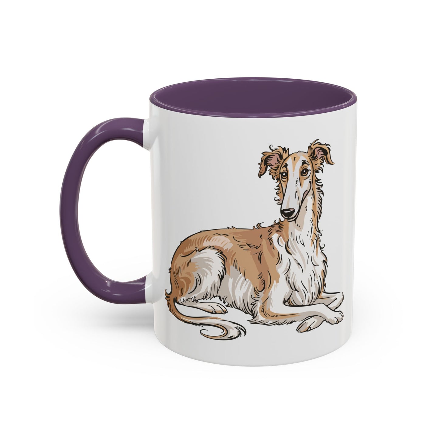 Lounging Borzoi Dog Illustration Mug | Purple Accent Coffee Tea Mugs 11oz with Russian Hunting Sighthound Borzoi Dogs Drinkware Cups