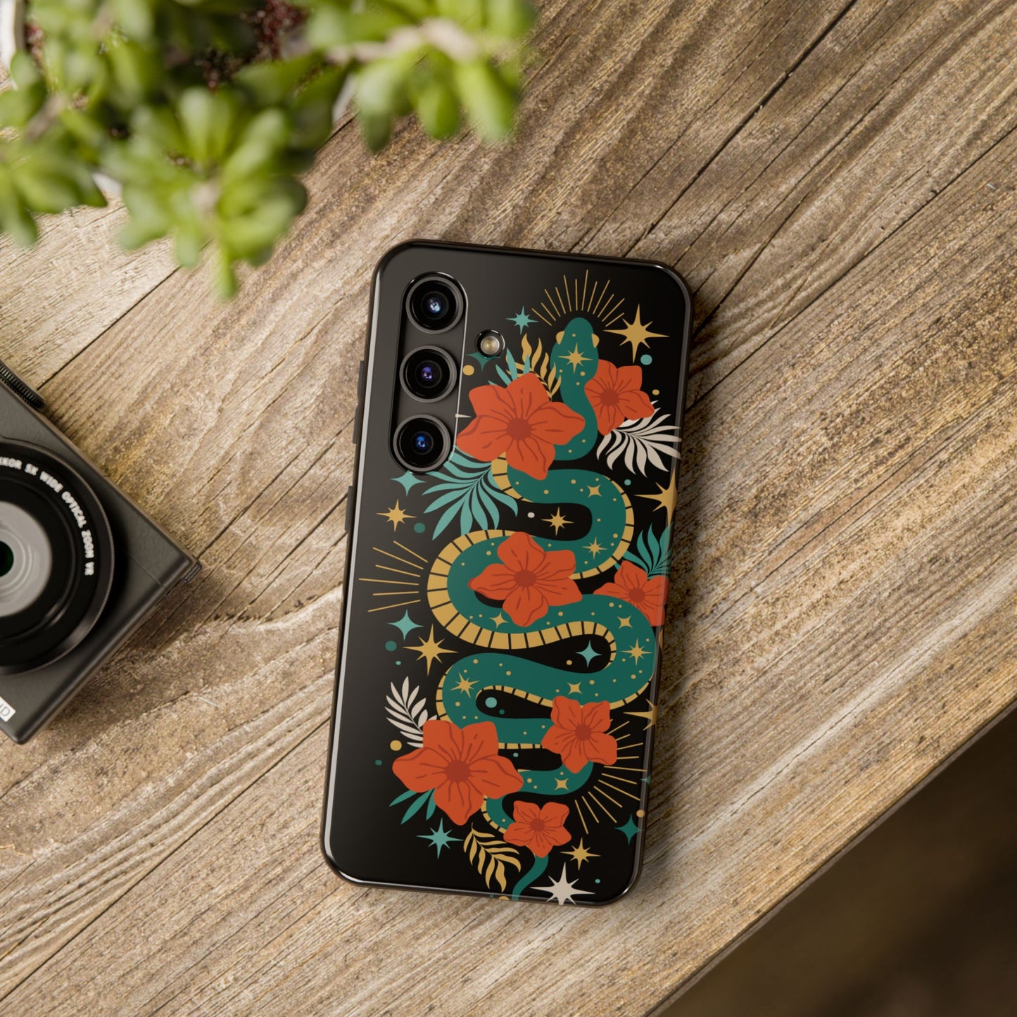 Mystic Snake Cell Phone Case, Black Tough Phone Cases Boho Serpent Snakes Floral Design