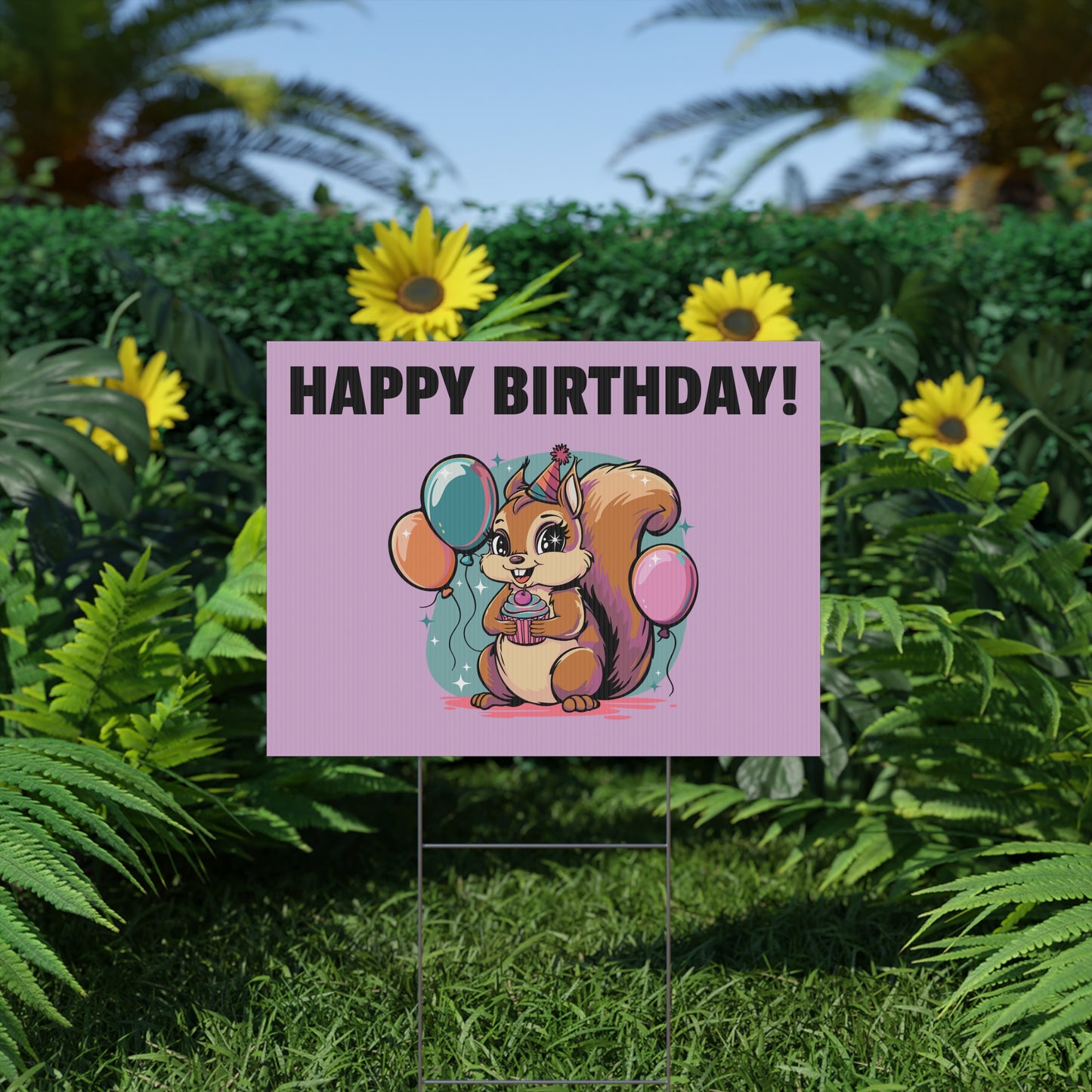 Happy Birthday Party Squirrel Plastic Yard Sign Purple Squirrels Balloons Cupcake Celebration Squirrels B-day Yard Signs