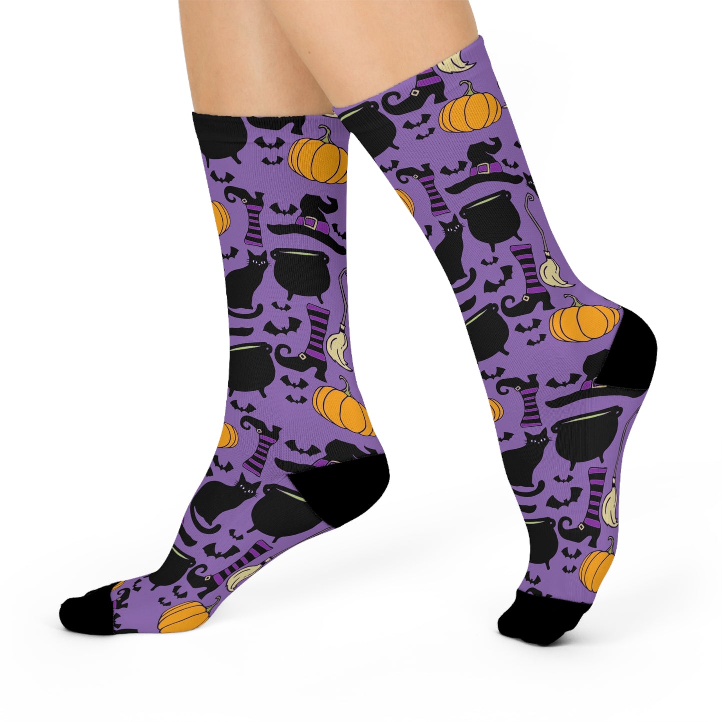 Witchy Things Halloween Cushioned Crew Socks with Witch Hats, Brooms, Black Cats, Pumpkins, Bats, Cauldrons