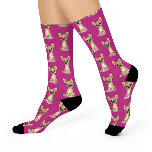 Pink Twila Chihuahua Puppy Dog Pattern Cushioned Crew Socks With Cute Tan Doggy Chihuahuas Dogs Pet Print