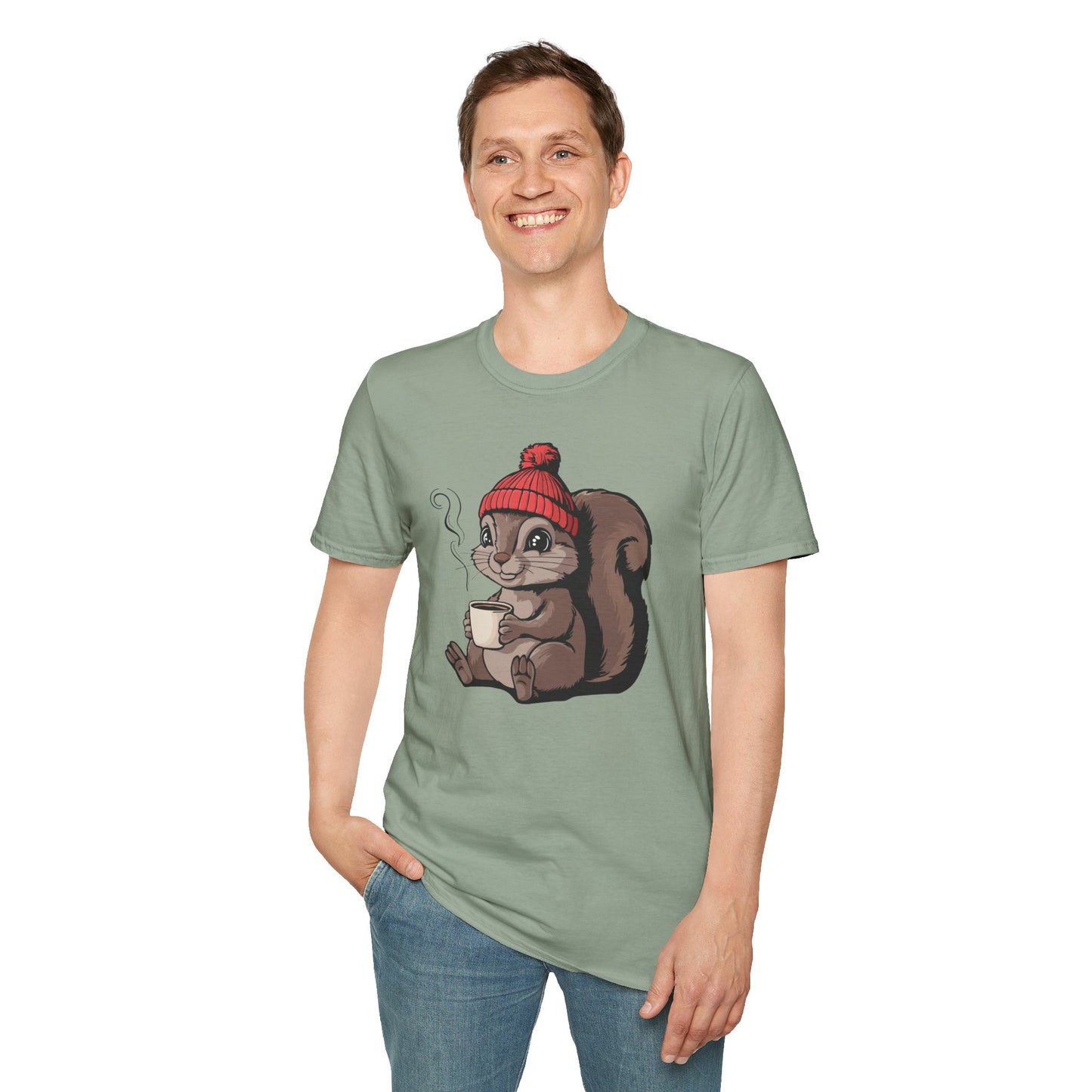 Cozy Squirrel Soft T-shirt Softstyle Tee with Squirrel in Beanie with Cup Of Coffee Graphic Print