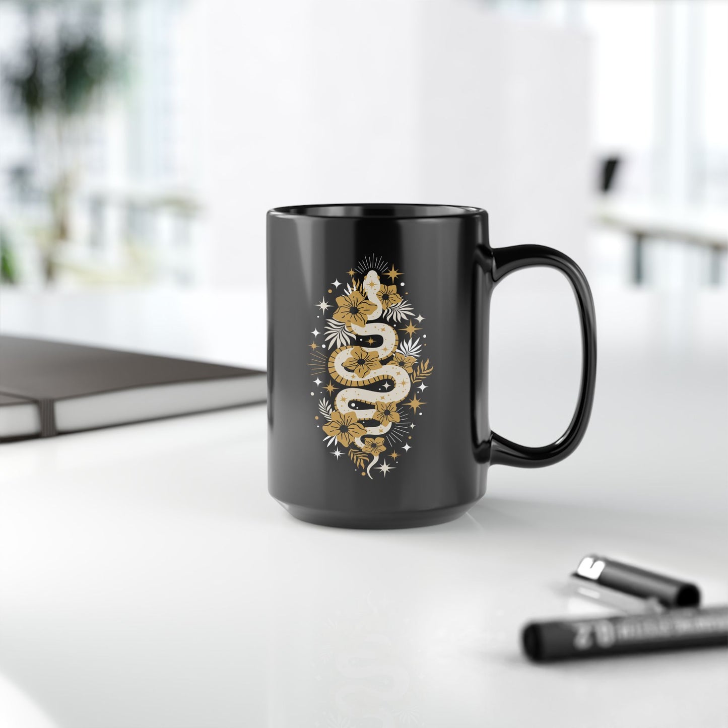 Mystic Golden Snake Black Mug, Boho 15oz Ceramic Coffee Cup, Unique Serpent Design, Coffee Lovers Mugs