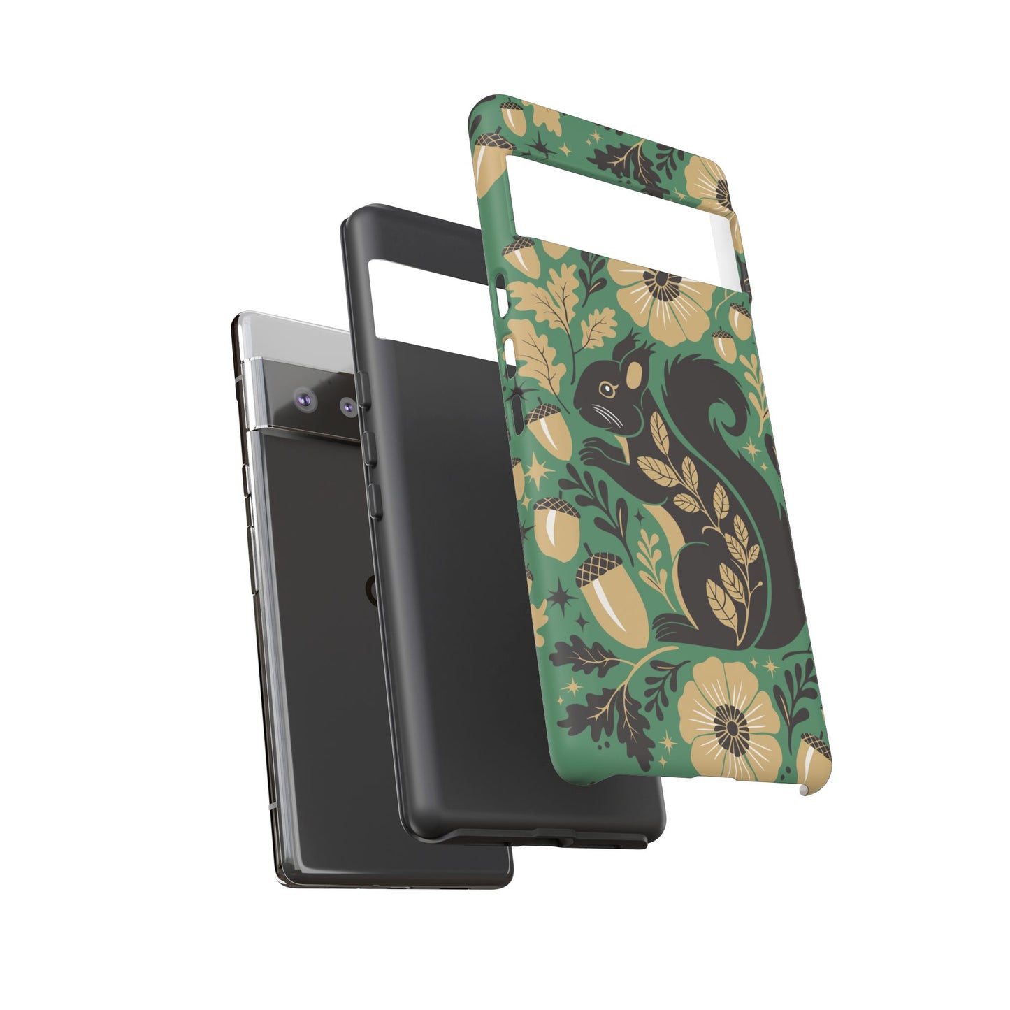 Green Squirrel Floral Pattern Cell Phone Case | Botanical Folk Art Acorn Leaves Design, Iphone Google Pixel Samsung Cases Matte Finish