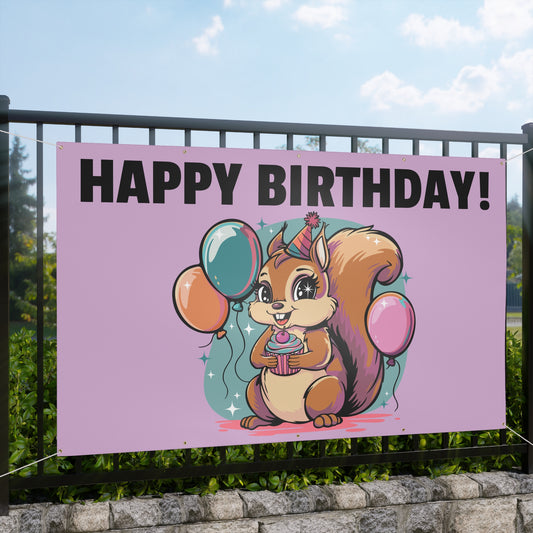 Happy Birthday Party Squirrel Banner Sign Purple Squirrels Balloons Cupcake Celebration Squirrels B-day Banners Decorations
