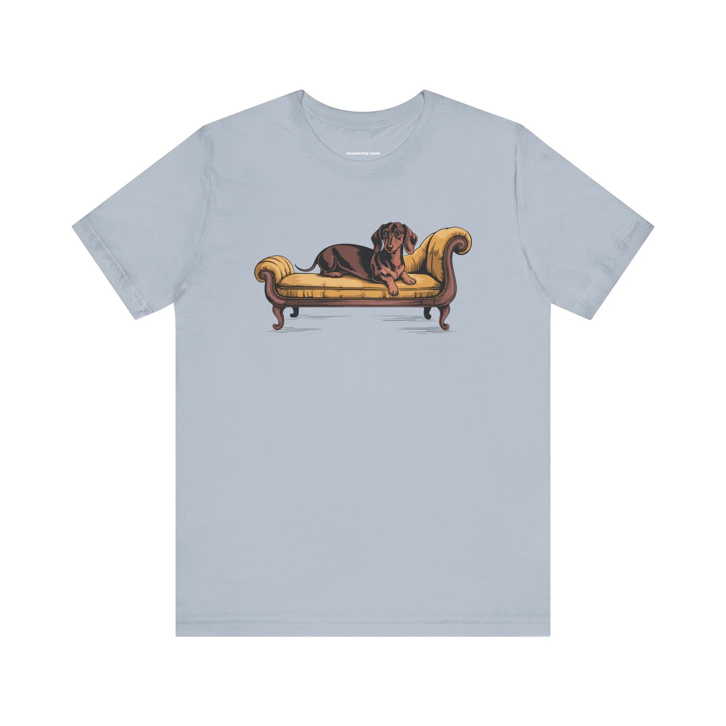 Dachshund Dog on Vintage Chaise Lounge T-Shirt | Wiener Dogs Sofa Illustration Short Sleeve Cotton Tee Shirts