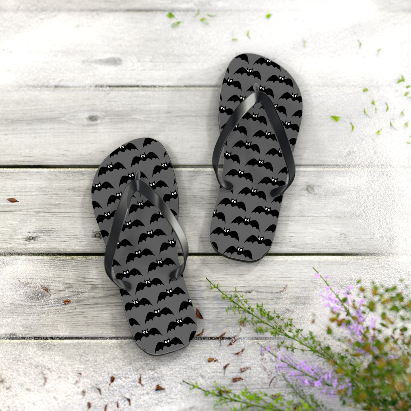 Bat Pattern Flip Flops | Black & Gray Goth Halloween Bats Print Sandals, Gothic Beach Pool Summer Footwear