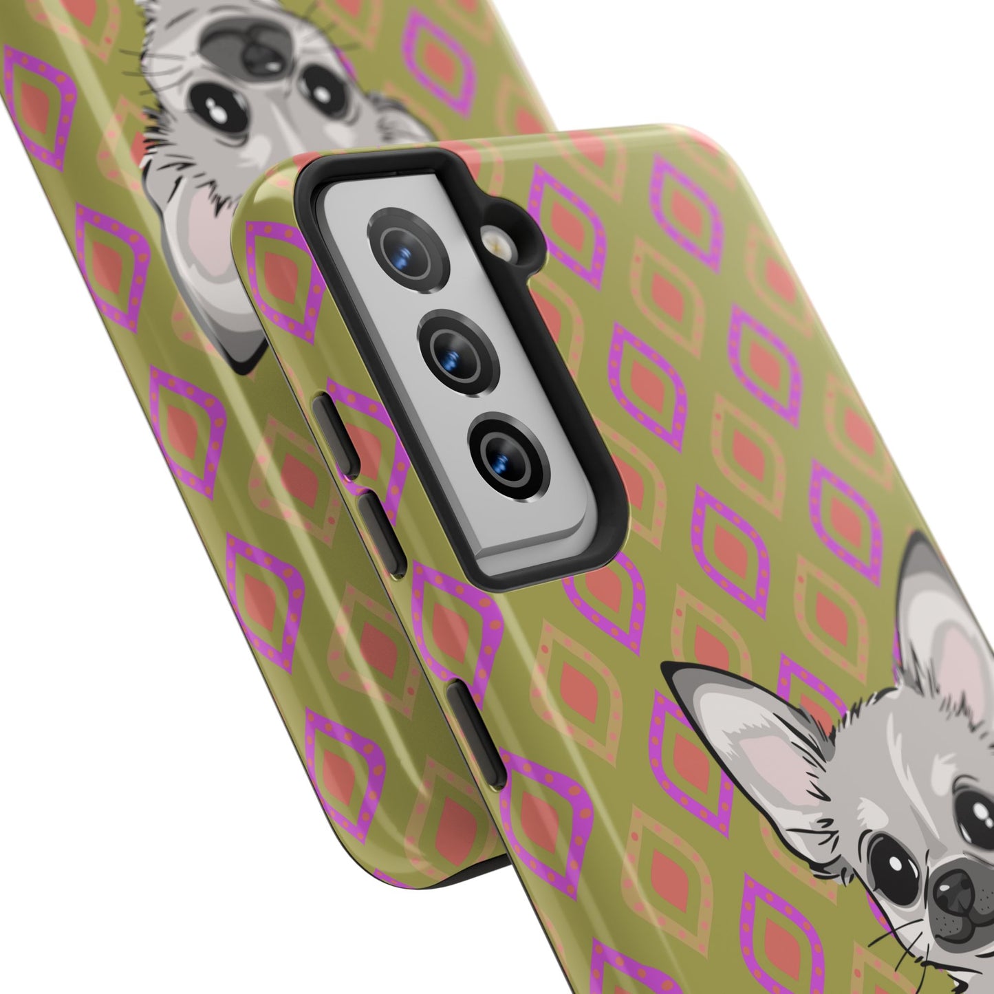 White Chihuahua Puppy Dog Phone Case, Tough Phone Cases Pet Dogs Retro Green  Pattern