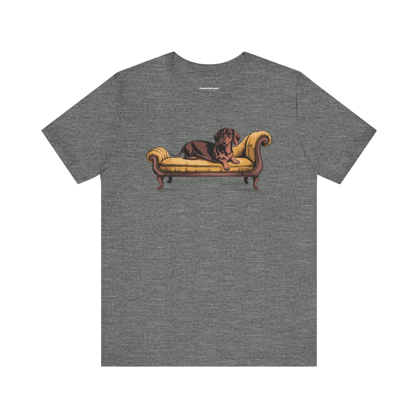 Dachshund Dog on Vintage Chaise Lounge T-Shirt | Wiener Dogs Sofa Illustration Short Sleeve Cotton Tee Shirts