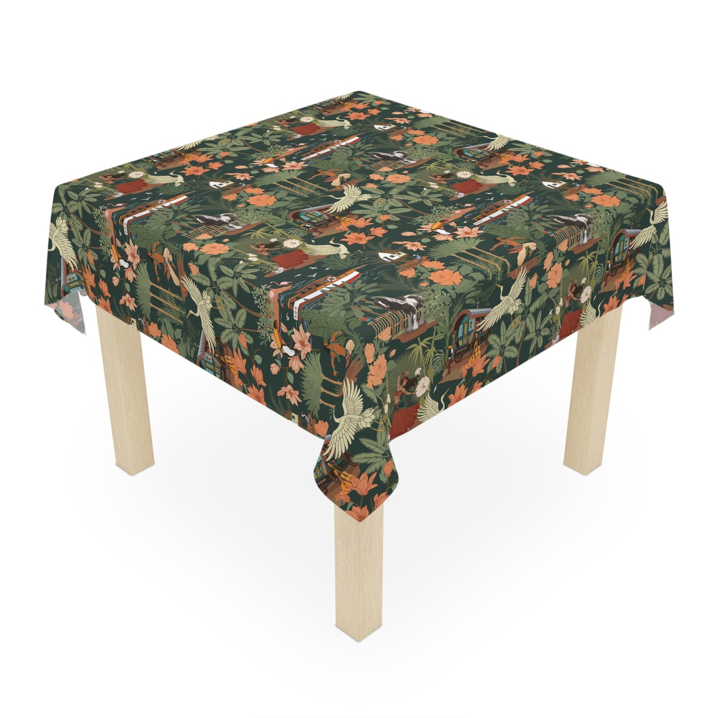 Tropical Nomad Jungle birds Tablecloth | Green Floral Palm Leaves Pattern Table Cloth Beach Summer Party Decor