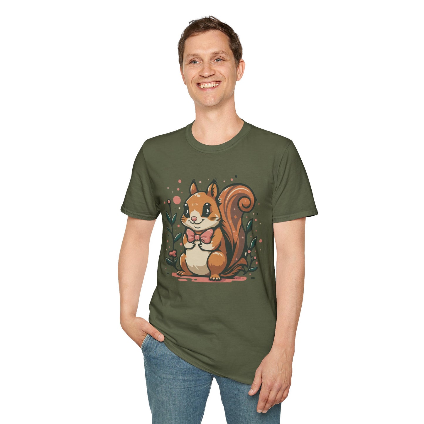 Woodland Squirrel Soft Style T-Shirt - Cute Squirrel with Bowtie and Flowers on Soft Unisex Tee