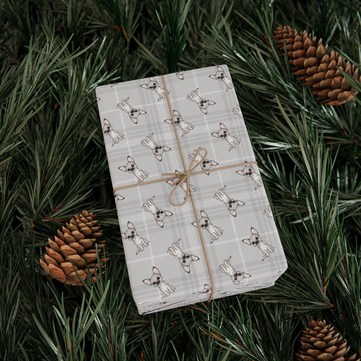Chihuahua Dog Wrapping Paper | Chihuahuas Puppy Dogs Gift Wrap Roll, White Gray Plaid Matte Finish, Christmas, Birthday, Anniversary