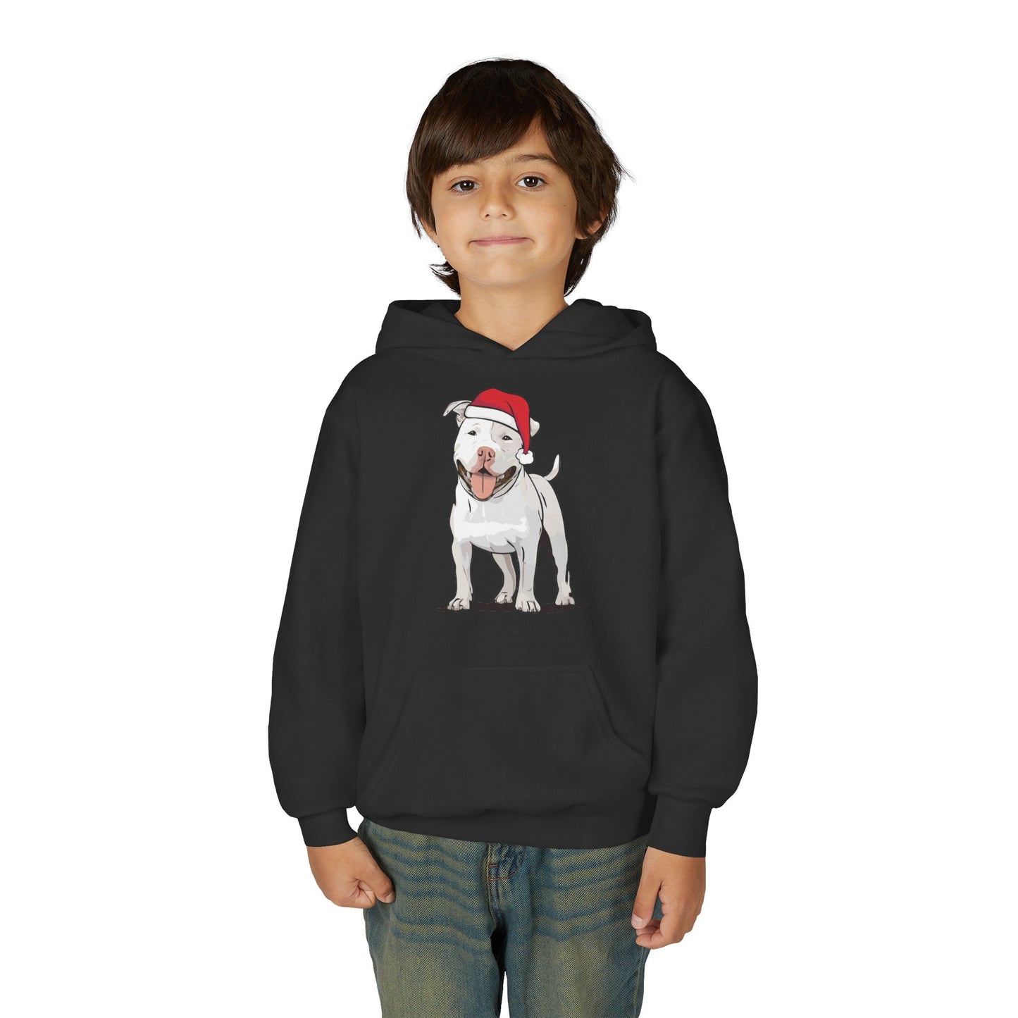 Kids Christmas Pit Bull Terrier Puppy Dog Pullover Hoodie, Kid's Holiday Xmas Santa Dogs Hooded Sweatshirt