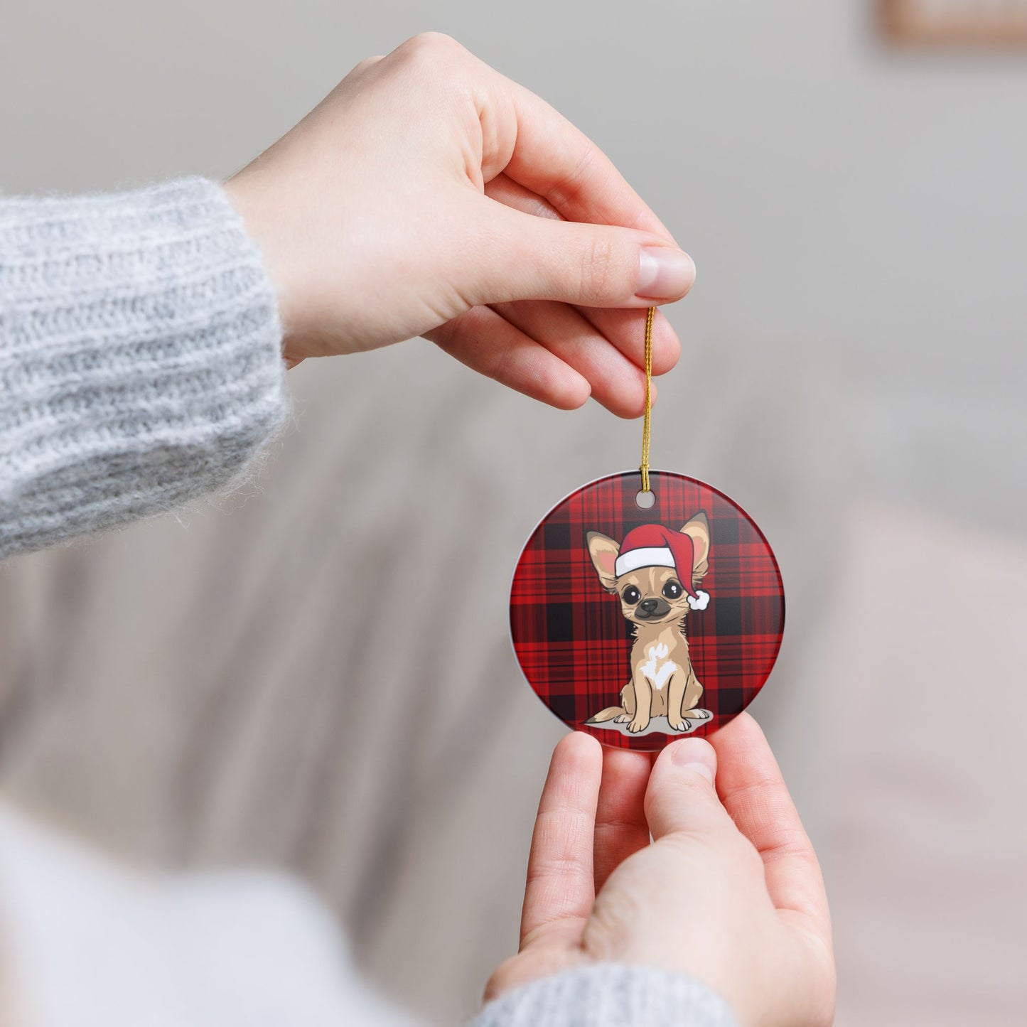 Santa Chihuahua Dog Christmas Tree Ornament, Xmas Dogs Holiday Decorations, Pet Lover Gift, Red Plaid Ceramic Ornaments