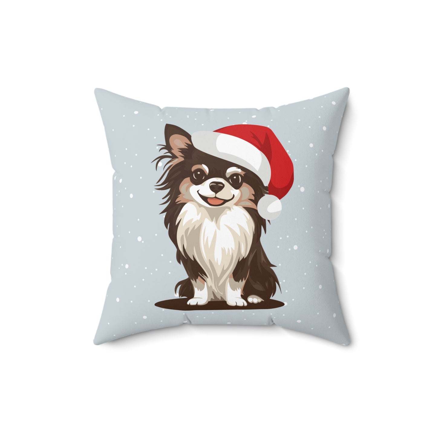 Christmas Long Haired Chihuahua Dog 14" or 16" Throw Pillow & Cover - Square Pillow Festive Holiday Xmas Dogs In Santa Hat Print