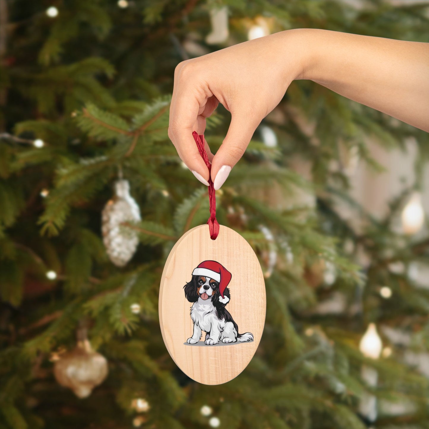 Holiday Cavalier King Charles Spaniel Dog Wooden Christmas Tree Ornaments, Xmas Dogs Santa Hat Oval Or Star Shape Ornament Seasonal Decor