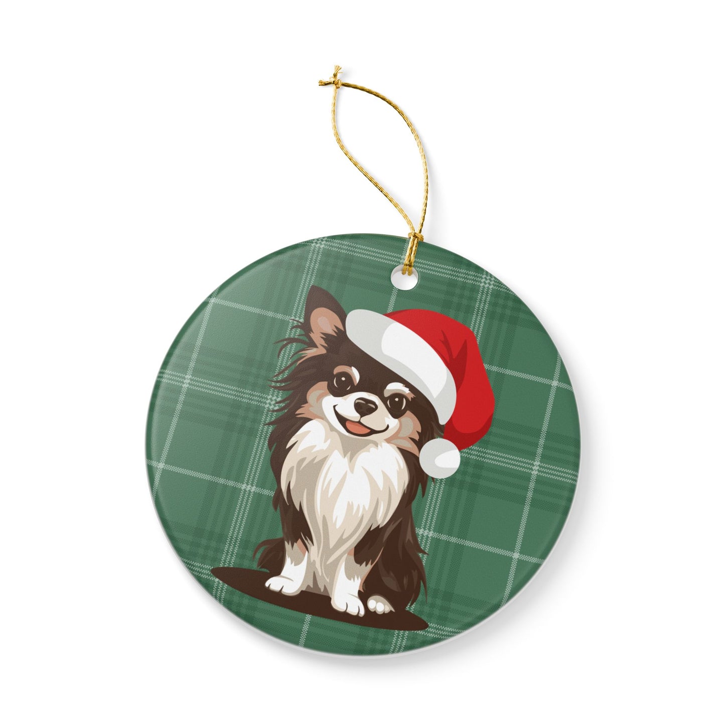 Santa Long Haired Chihuahua Dog Christmas Tree Ornament, Xmas Dogs Holiday Decorations, Pet Lover Gift, Red Plaid Ceramic Ornaments