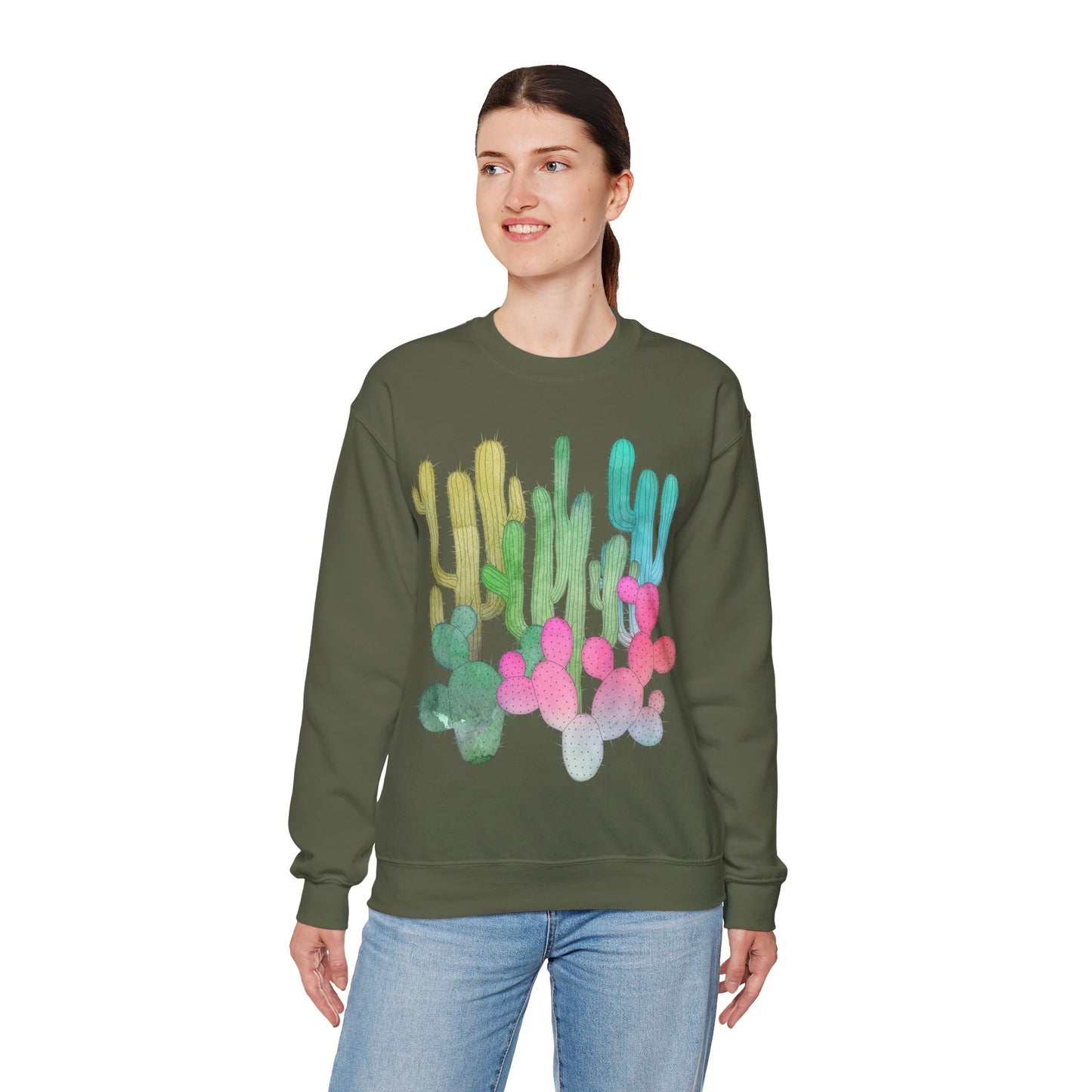 Cactus Garden Arizona Desert Crewneck Pullover Sweatshirt Colorful Saguaro Cactus Print