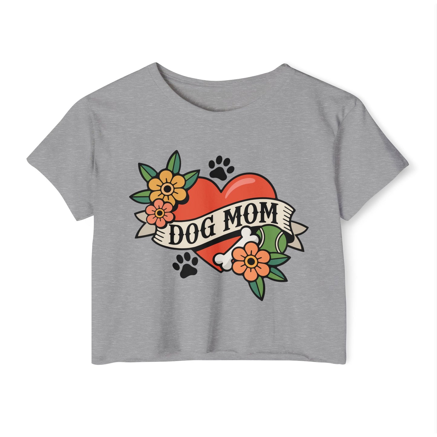 Dog Mom Heart Tattoo Crop Top | Retro Artwork Cropped T-shirt Floral Dogs Paw Print Design, Childless Dog Lady Pet Owner Tattoos Tee