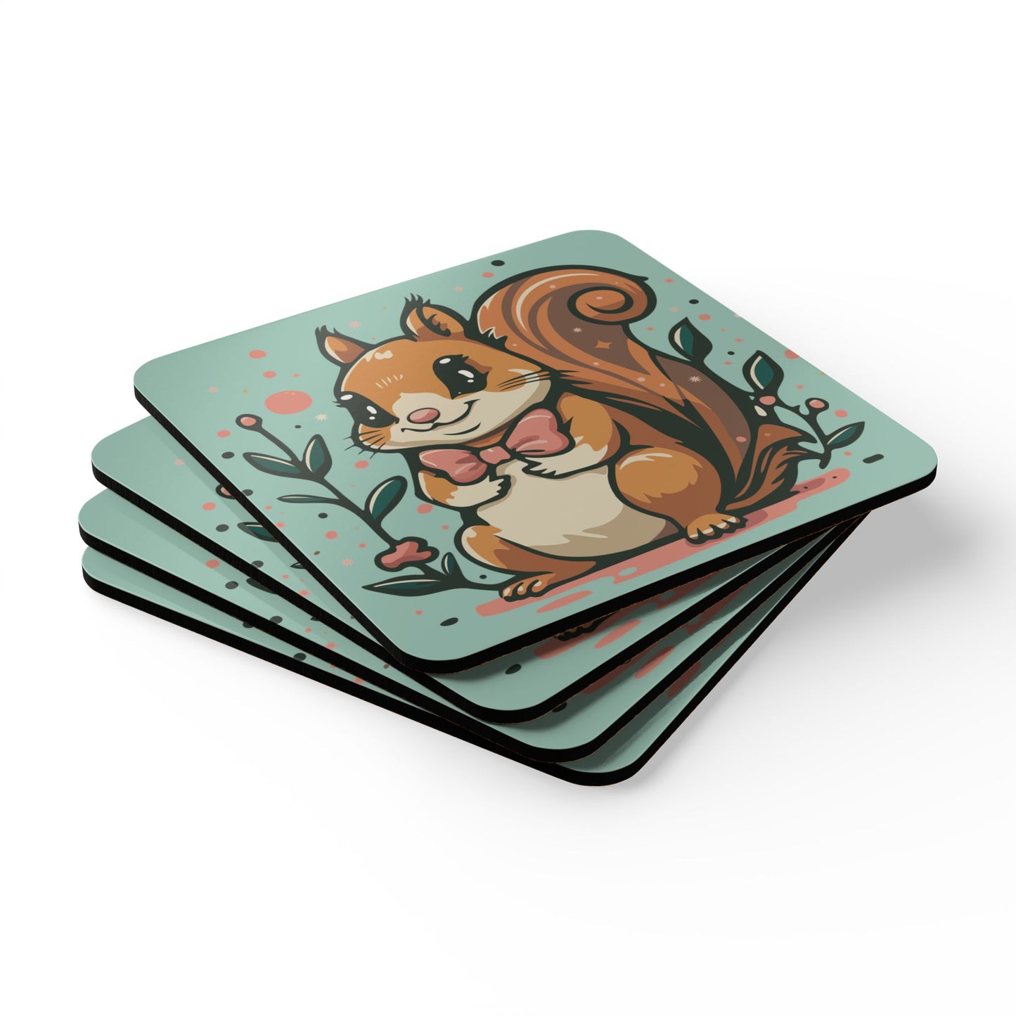 Woodland Squirrel 4 Pack Coasters Corkwood Coaster Set with Cute Squirrel Design