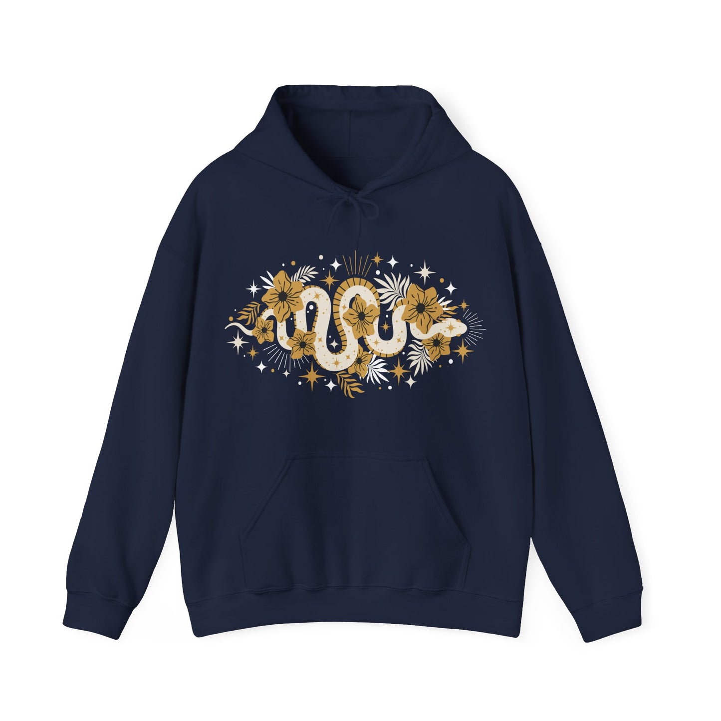 Mystic Gold Snake & Flower Unisex Hoodie, Boho Pullover Hooded Sweatshirt, Bohemian Witchy Snake Print Hoodies