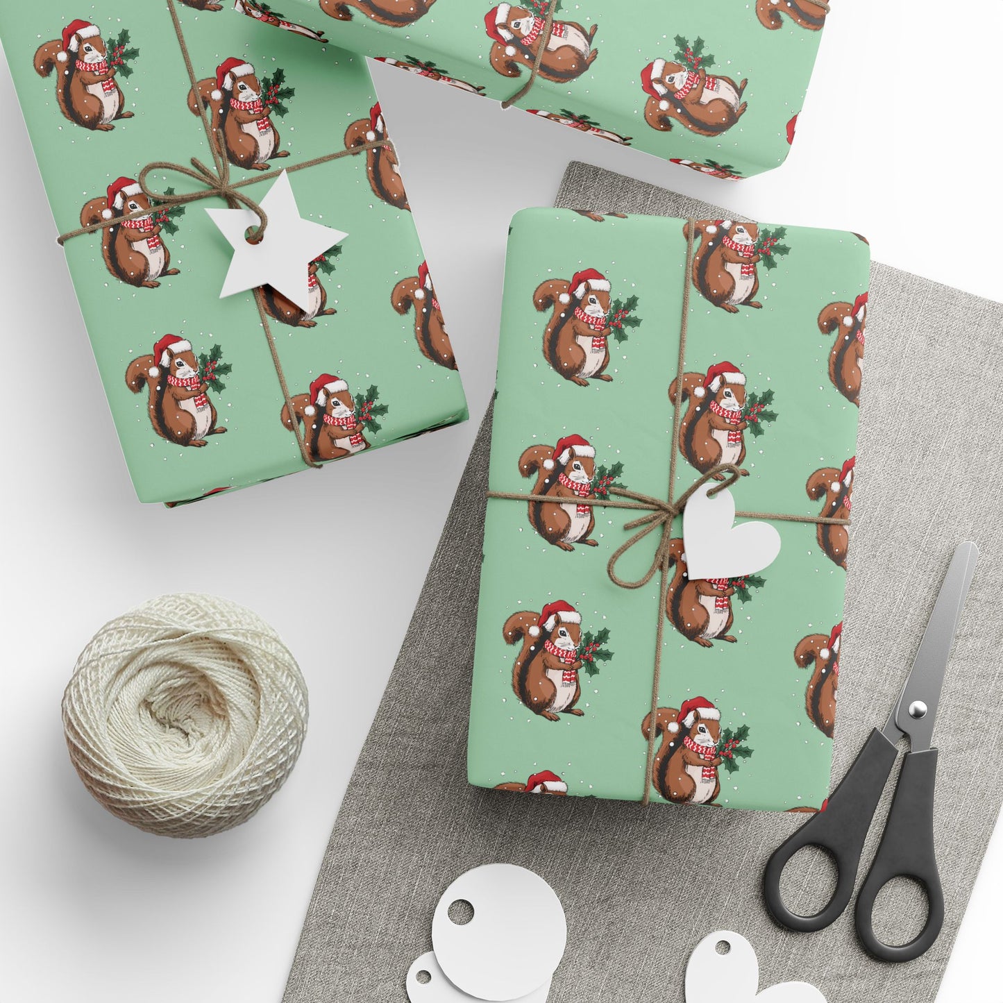 Squirrel Christmas Wrapping Paper, Festive Squirrels Print, Cheery Sage Green Holiday Gift Wrap With Snowy Xmas Squirrel In Santa Hat