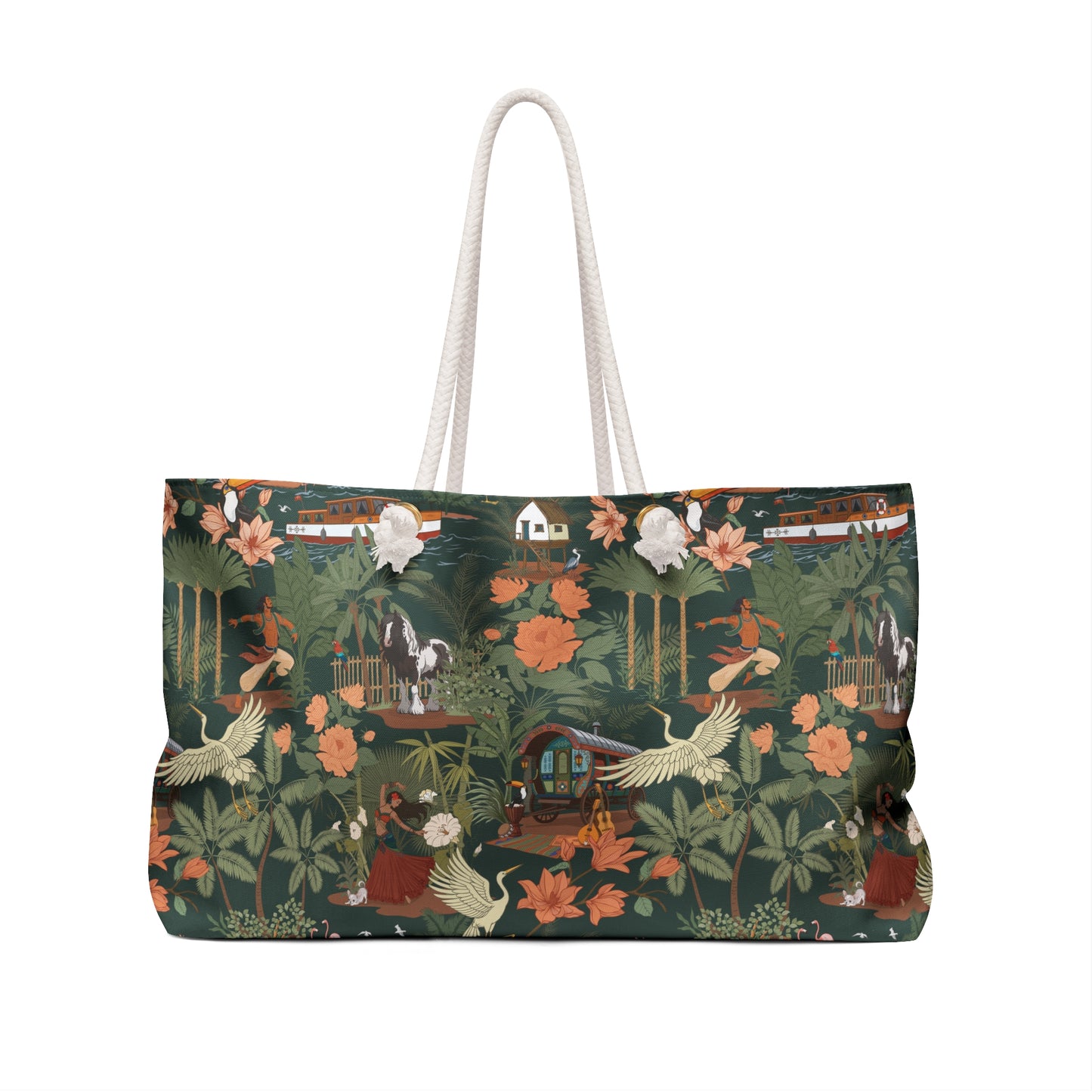 Tropical Nomad Jungle Birds Weekender Bag | Green Floral Parrots Beach Pool Travel Tote