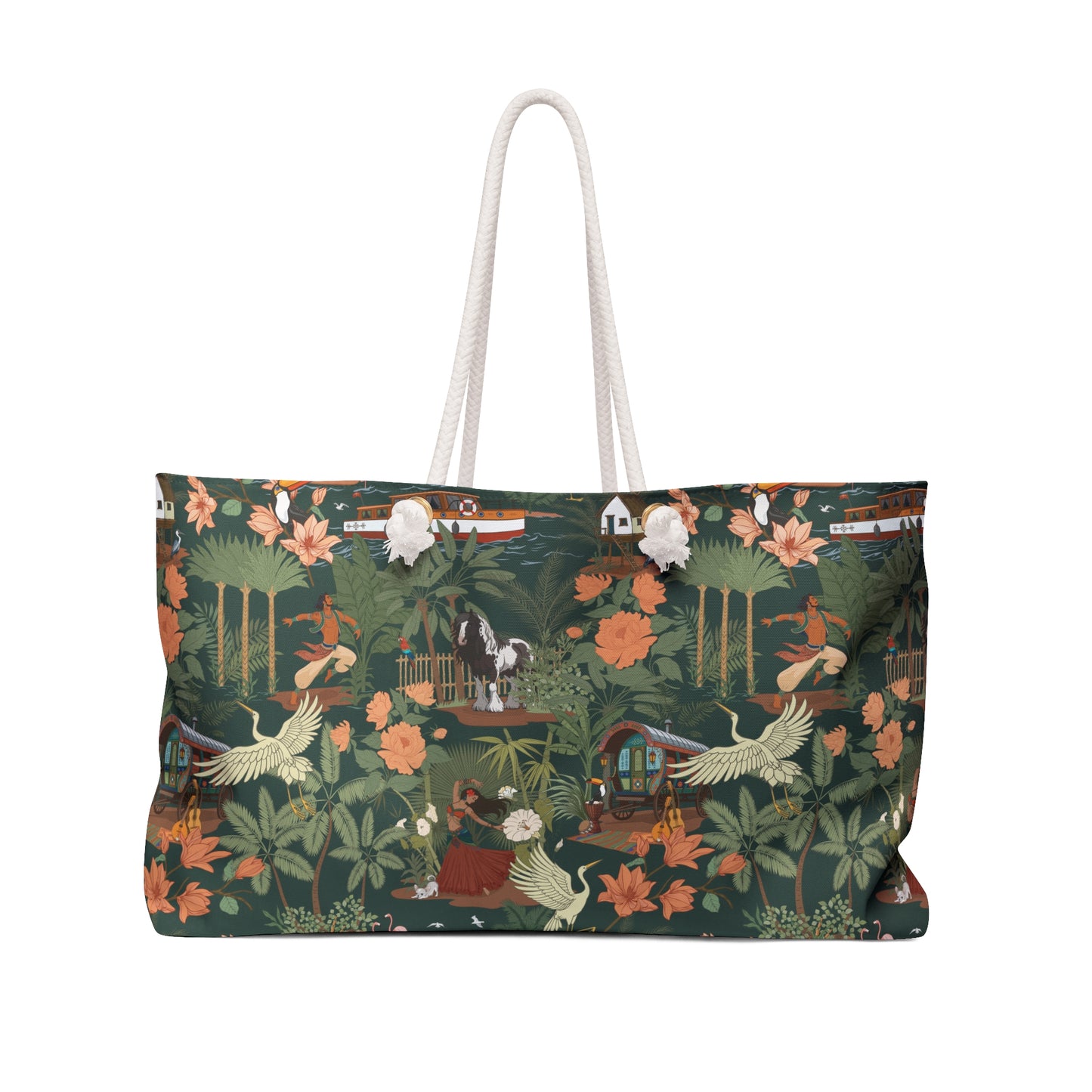 Tropical Nomad Jungle Birds Weekender Bag | Green Floral Parrots Beach Pool Travel Tote