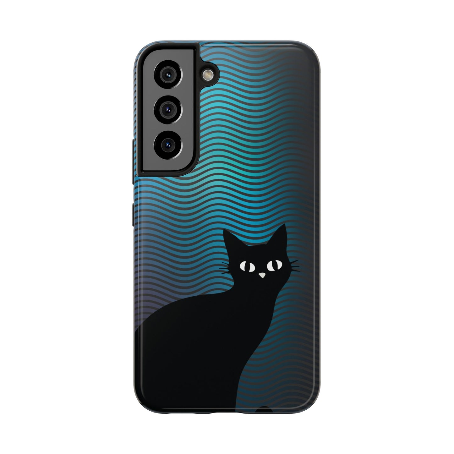 Black Cat Cell Phone Case | Peeking Kitty Graphic on Wavy Teal Background