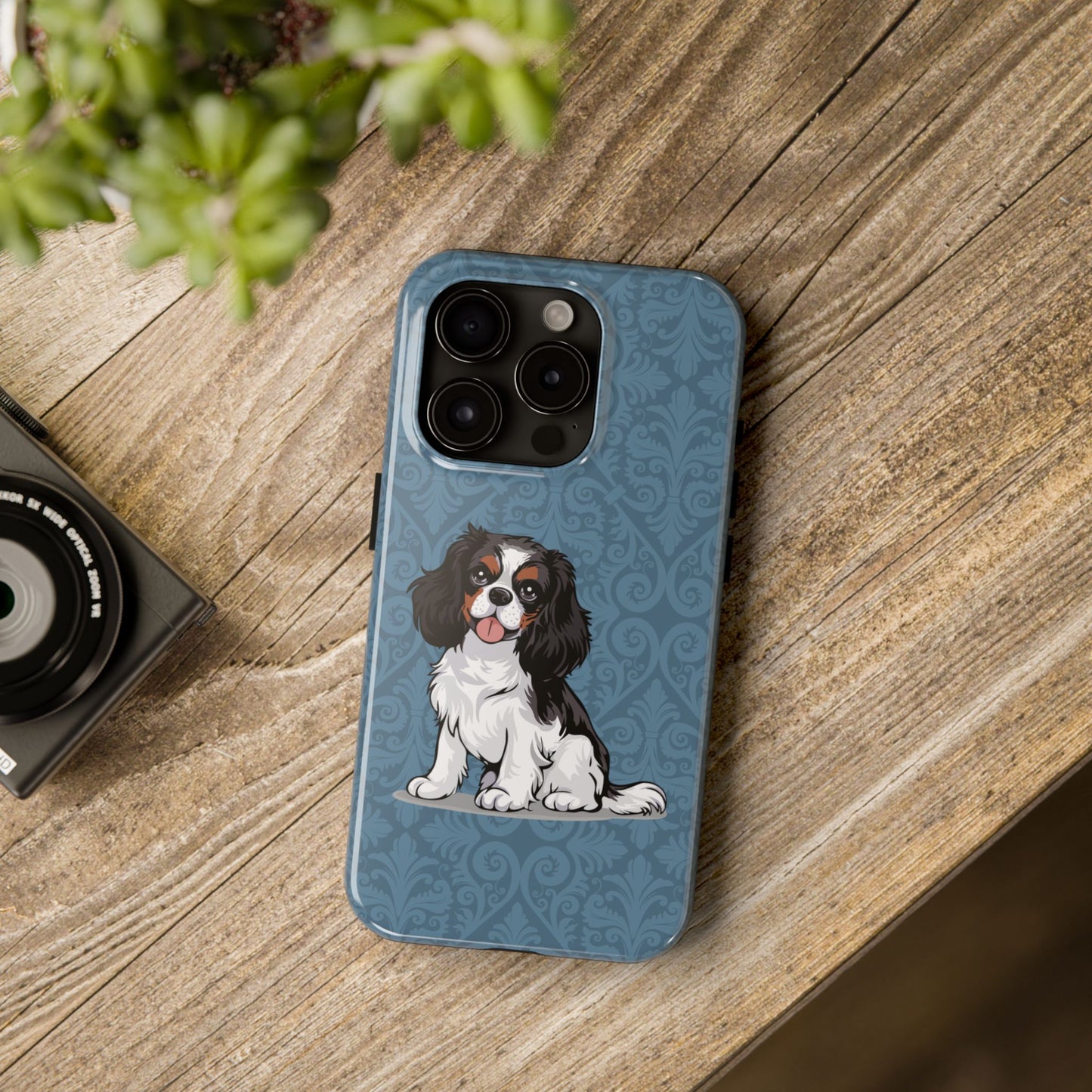 Tricolor Cavalier King Charles Spaniel Dog Phone Case, Tough Phone Cases Pet Dogs Blue Pattern