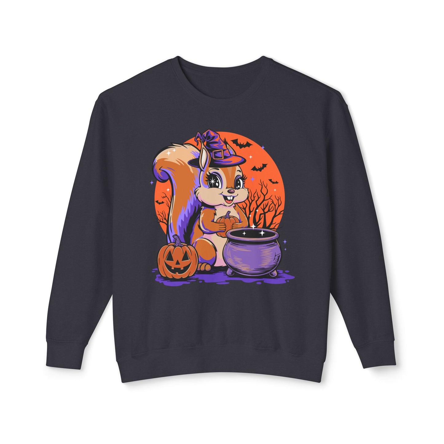 Witchy Squirrel Crewneck Sweatshirt, Halloween Witch Squirrels Pumpkin Cauldron & Bats, Spooky Magical Lightweight Pullover Sweater