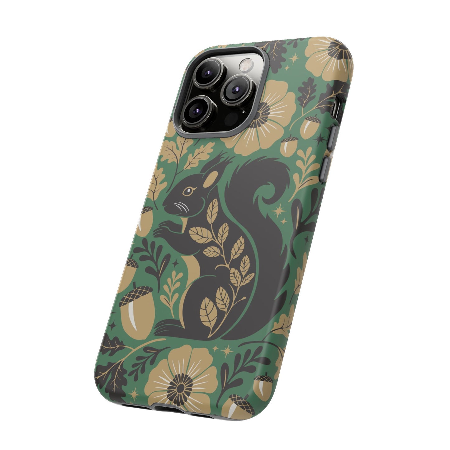 Green Squirrel Floral Pattern Cell Phone Case | Botanical Folk Art Acorn Leaves Design, Iphone Google Pixel Samsung Cases Matte Finish