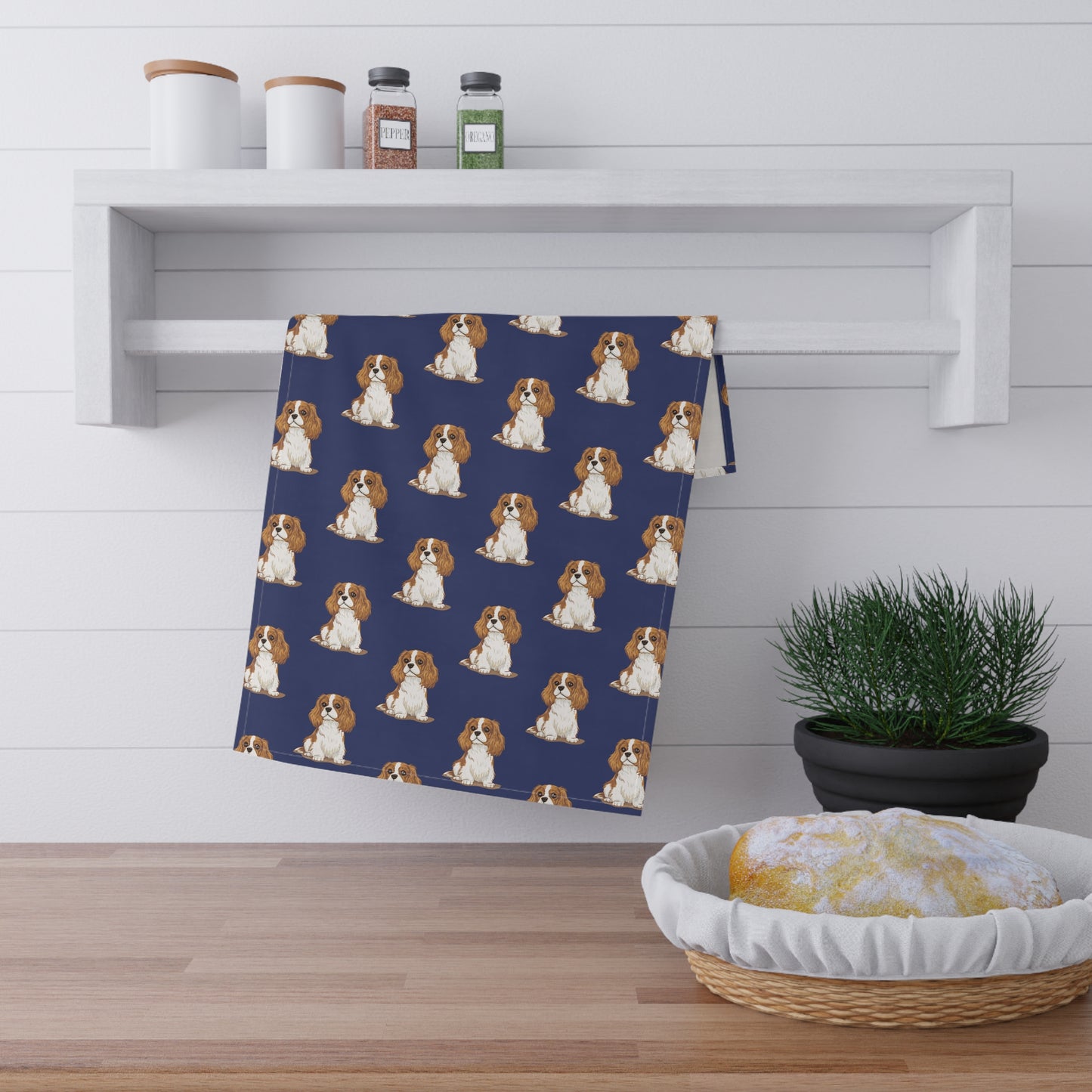 Navy Cavalier King Charles Puppy Dog Tea Towel, Kitchen Hand Towels Decor Gifts, Home Accessories Dogs Owners Gift Ideas