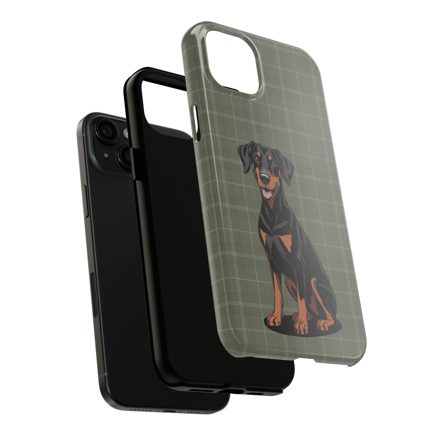 Doberman Pinscher Dog Phone Case, Tough Phone Cases Pet Dogs Green Plaid Pattern