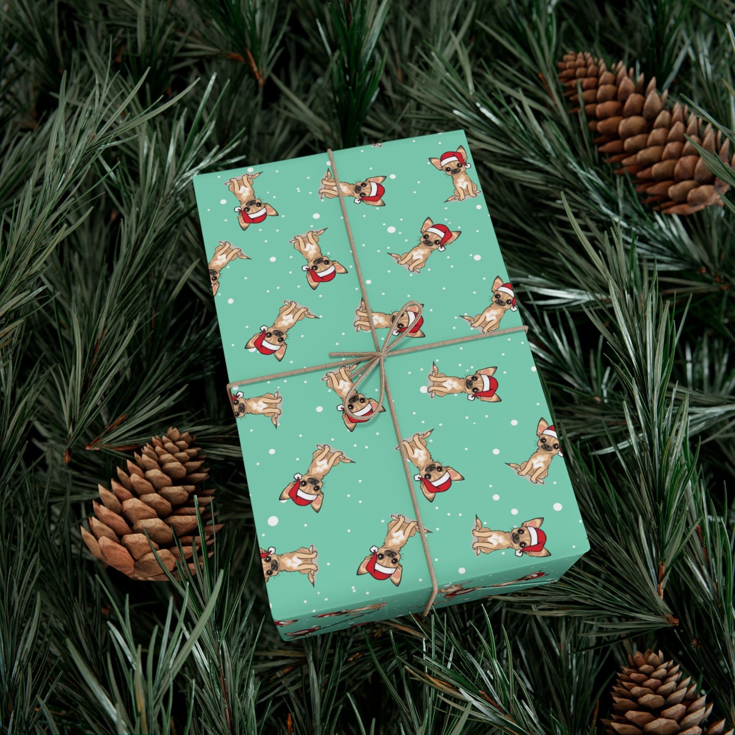 Chihuahua Dog Christmas Wrapping Paper, Puppy Dogs Print, Cheery Mint Green Holiday Gift Wrap With Snowy Xmas Puppies In Santa Hat