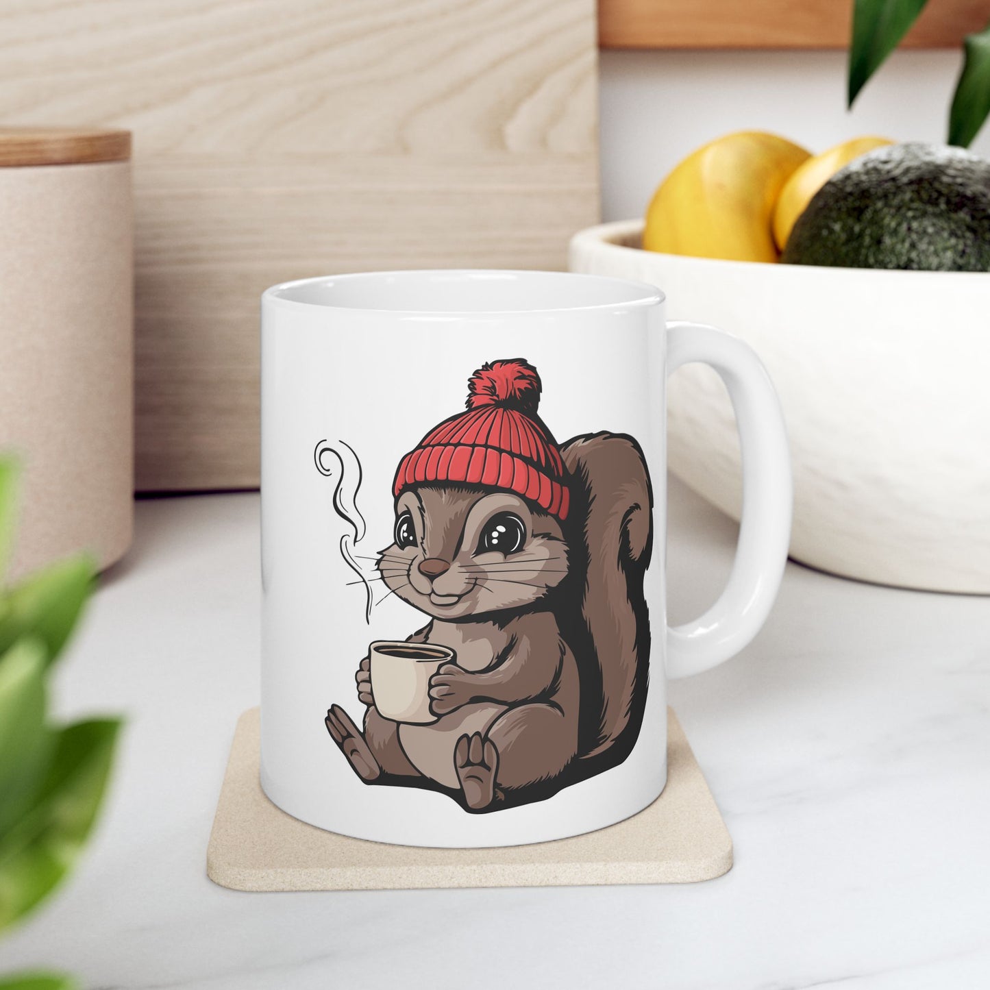 Cozy Squirrel Ceramic Coffee Mug 11oz with Squirrel in Beanie with Cup Of Coffee Graphic Print