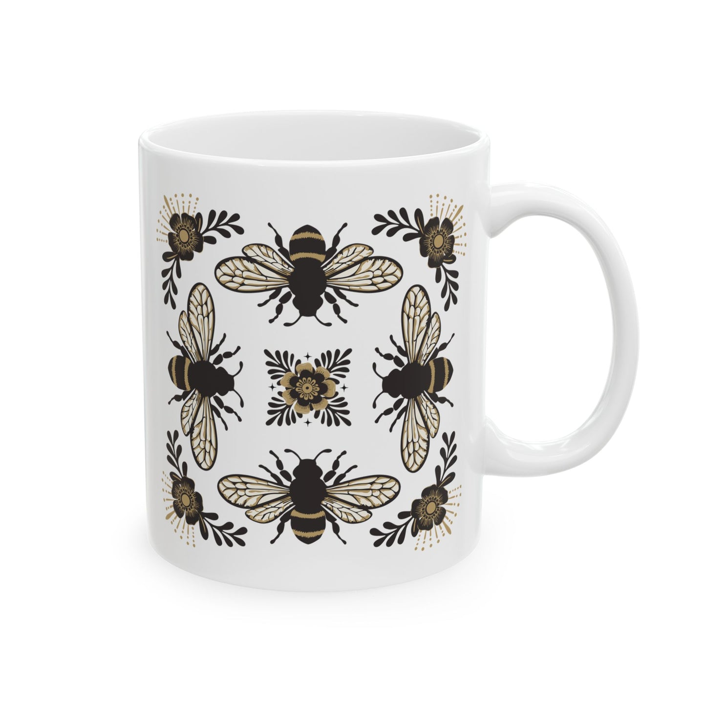 Bees & Flowers Botanical Ceramic Coffee Mug - Garden Nature Lover's Gift, Insects Bugs Floral Tea Mugs, 4 Bee Art Design