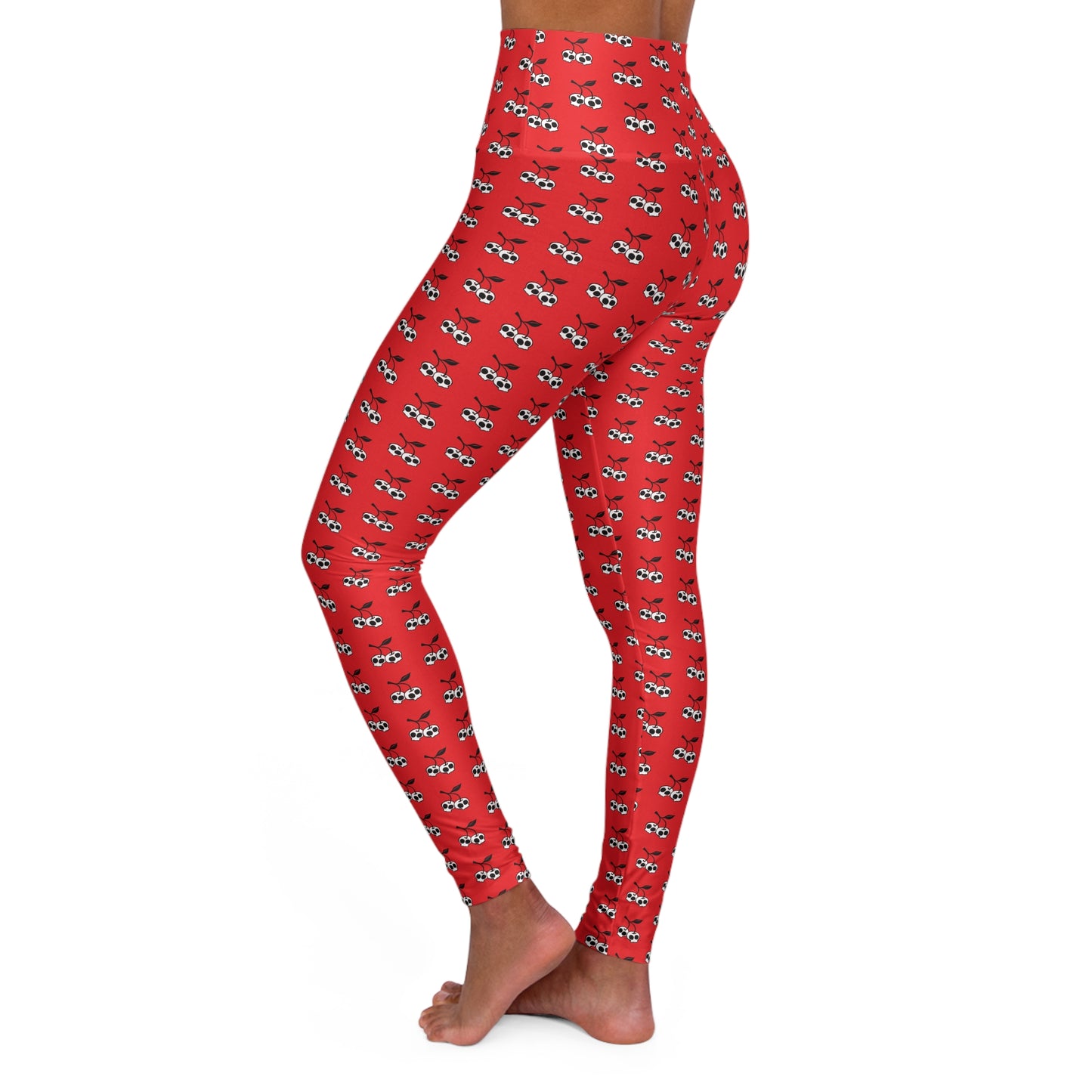 Red Cherry Skulls High Waisted Yoga Leggings - Rockabilly Gothic Skull Cherries Pattern Women's Activewear Pants