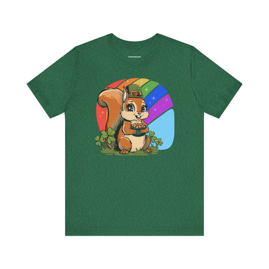 St Patrick's Day Tee, Green T-Shirt with Leprechaun Squirrel, Spring Holiday Shirt, Lucky Charm Top, Unisex Short Sleeve T-shirts