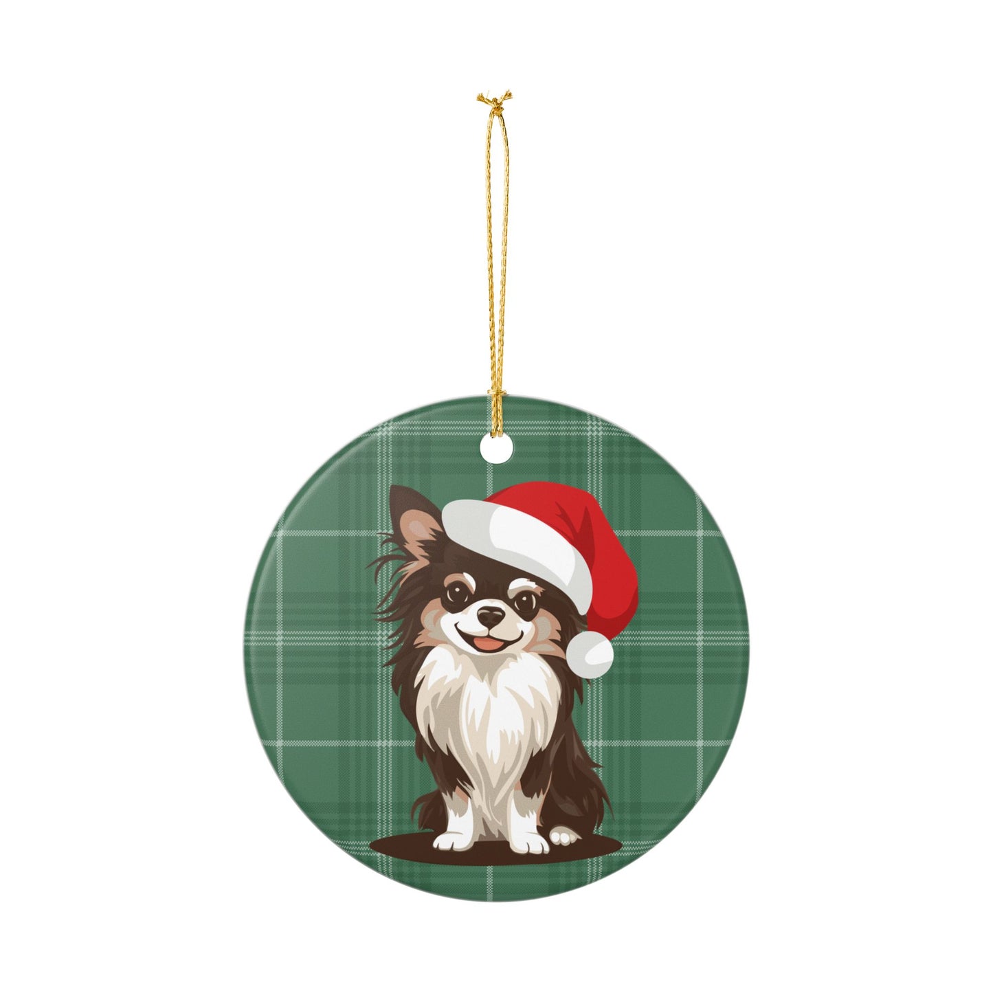 Santa Long Haired Chihuahua Dog Christmas Tree Ornament, Xmas Dogs Holiday Decorations, Pet Lover Gift, Red Plaid Ceramic Ornaments